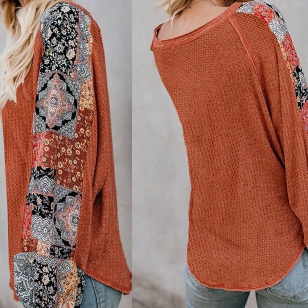 M Orange Black White Waffle Knit V Neck Long Sleeve Pullover Top Floral - Picture 3 of 14